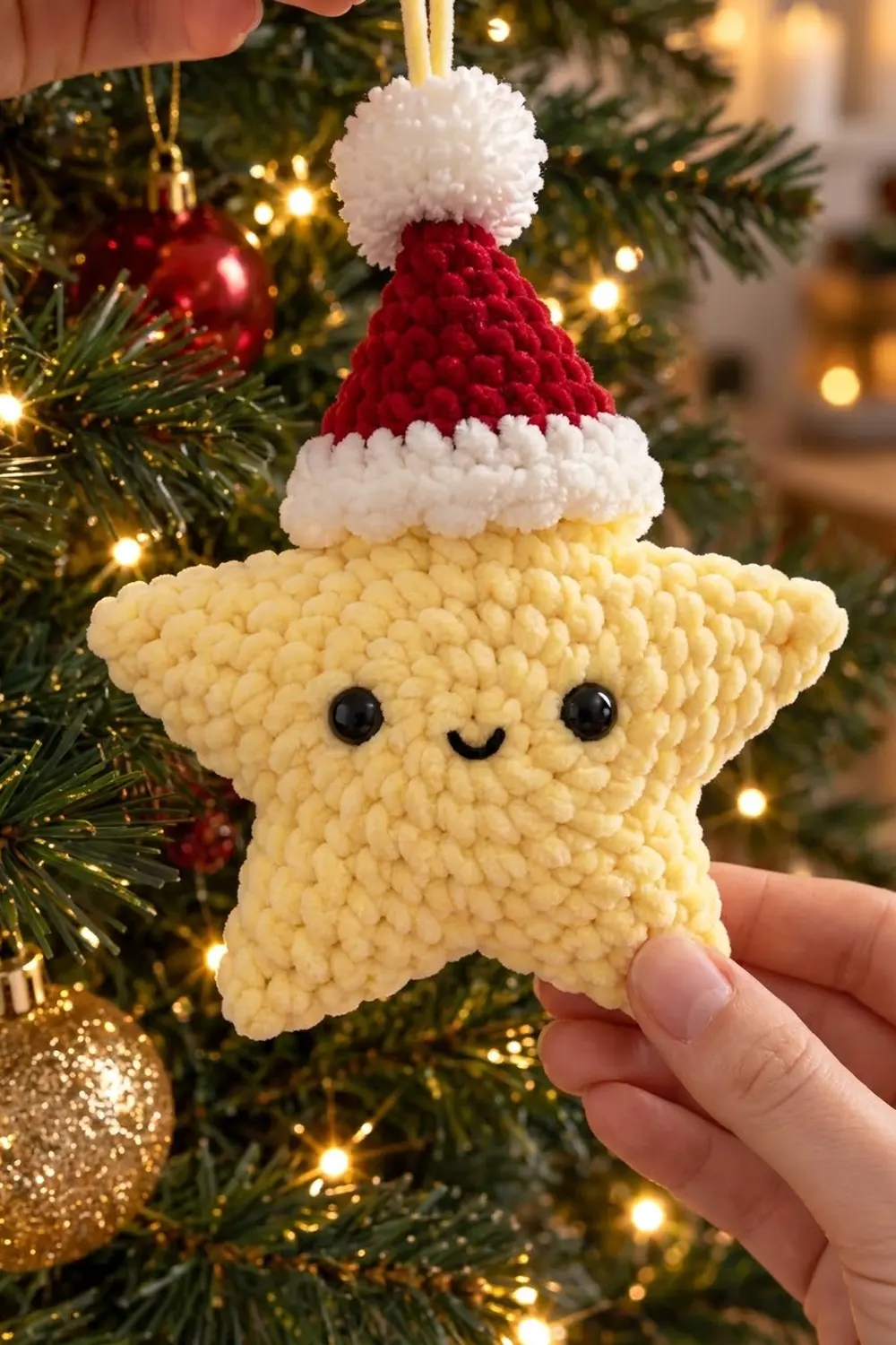 A crocheted yellow star ornament wearing a red and white Santa hat hangs on a decorated Christmas tree.