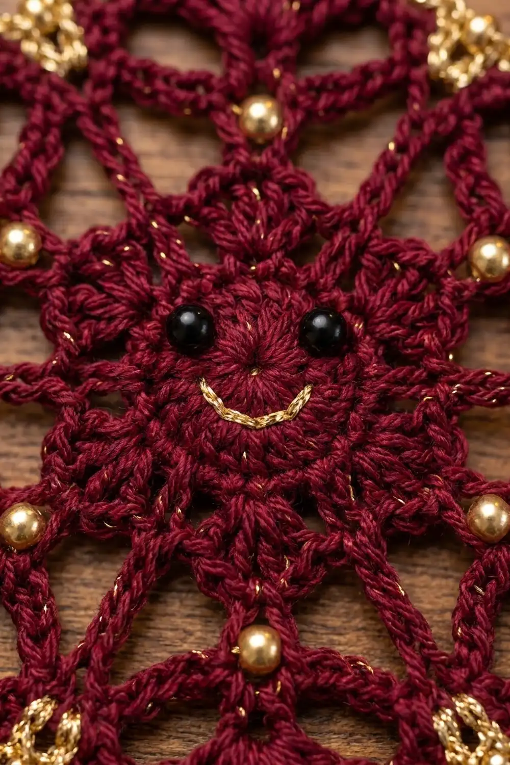 Crocheted burgundy octopus ornament with black bead eyes, gold smile, and pearl beads on wooden surface.