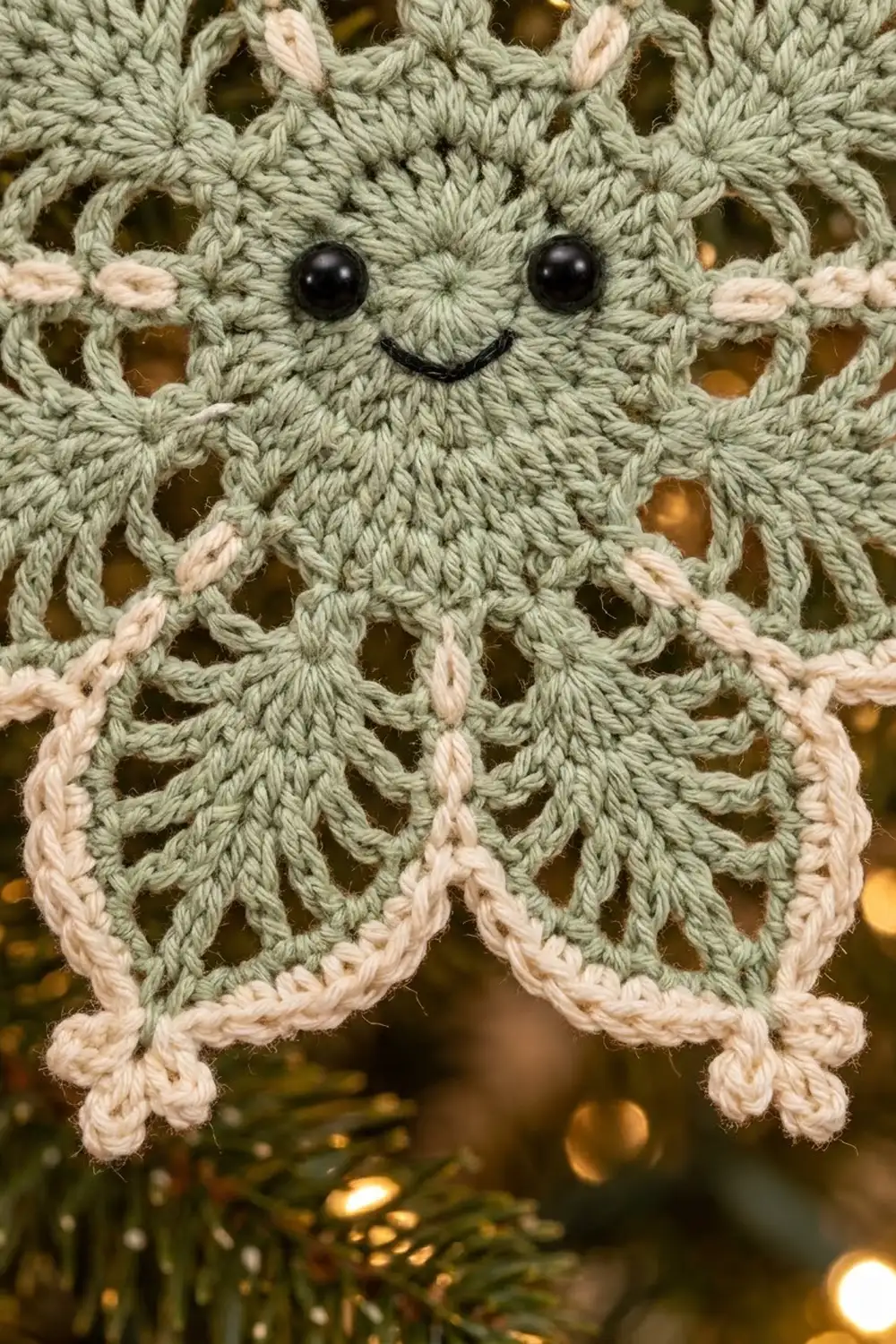A crocheted owl ornament with black eyes and smile, crafted in sage green and cream yarn.
