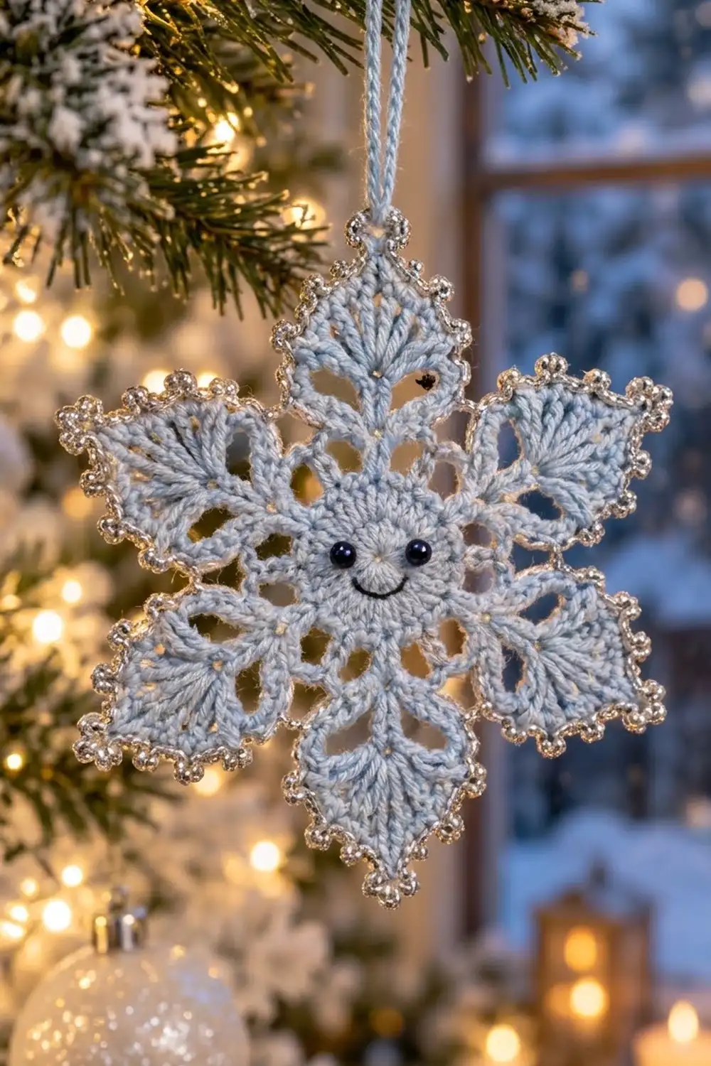 A crocheted snowflake ornament with a smiling face hangs from a white string on an evergreen branch with twinkling lights.