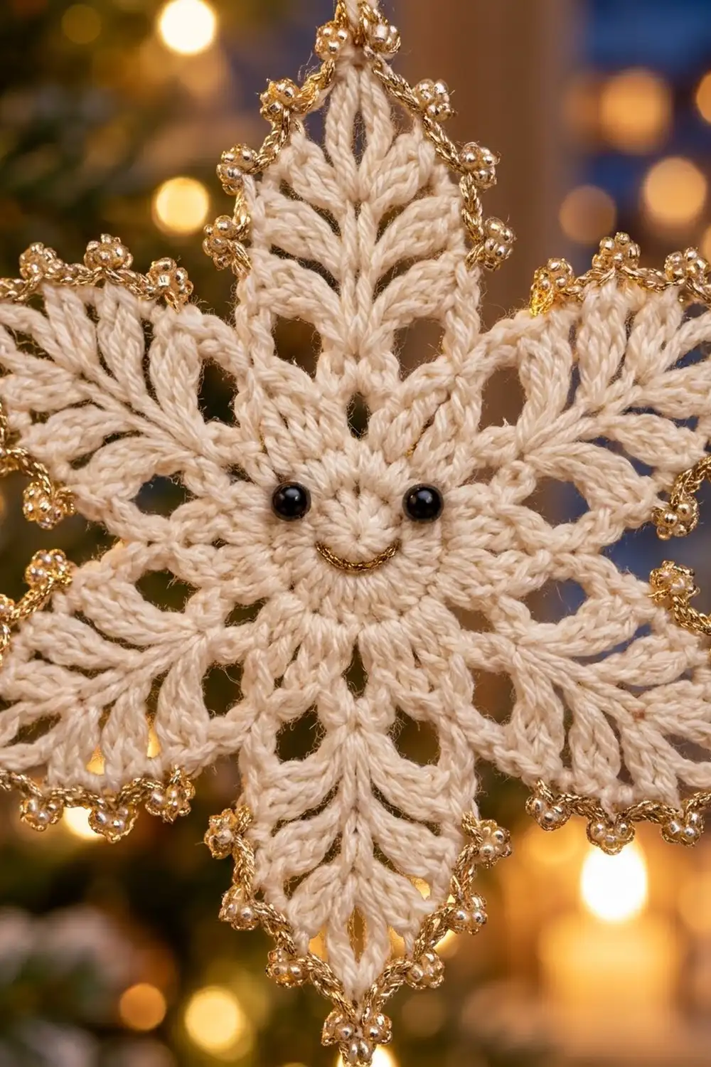 A crocheted cream snowflake ornament with a smiling face and gold beaded trim, hanging against blurred holiday lights.