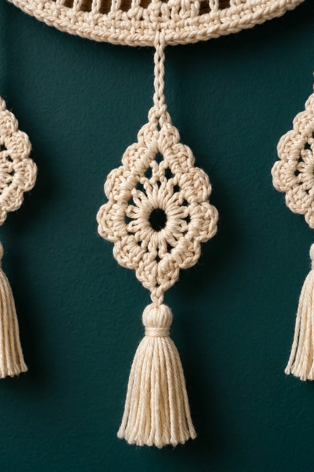 Cream-colored crocheted macramé wall hanging with diamond-shaped pendants and tassels against a teal background.