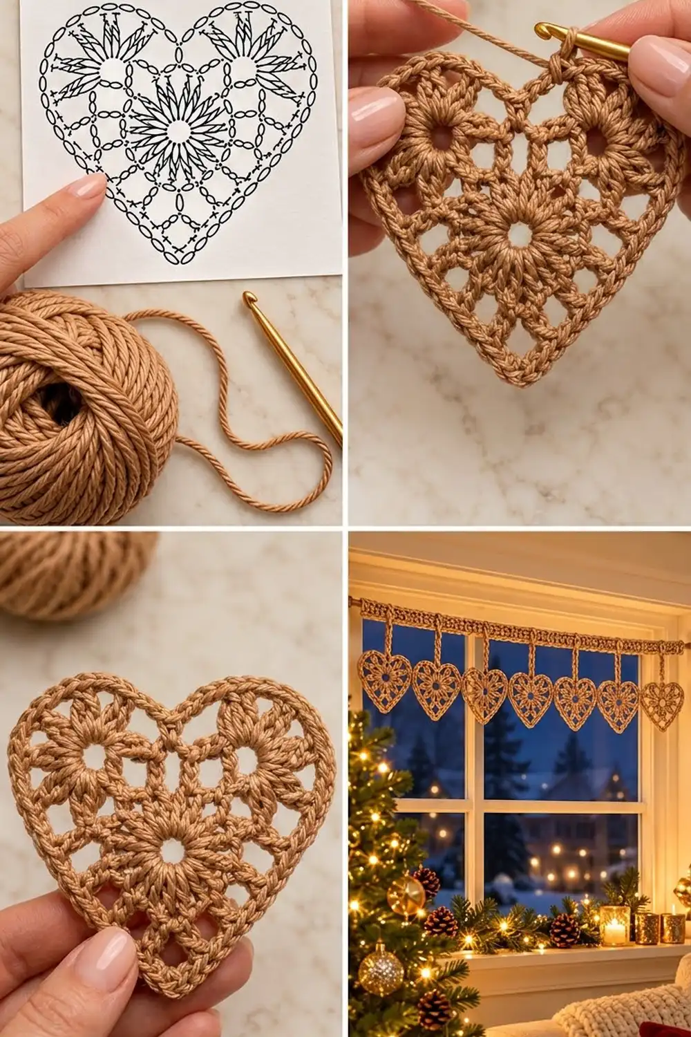 Crocheted tan heart ornaments displayed as a garland hanging in a festive holiday window with warm lighting.