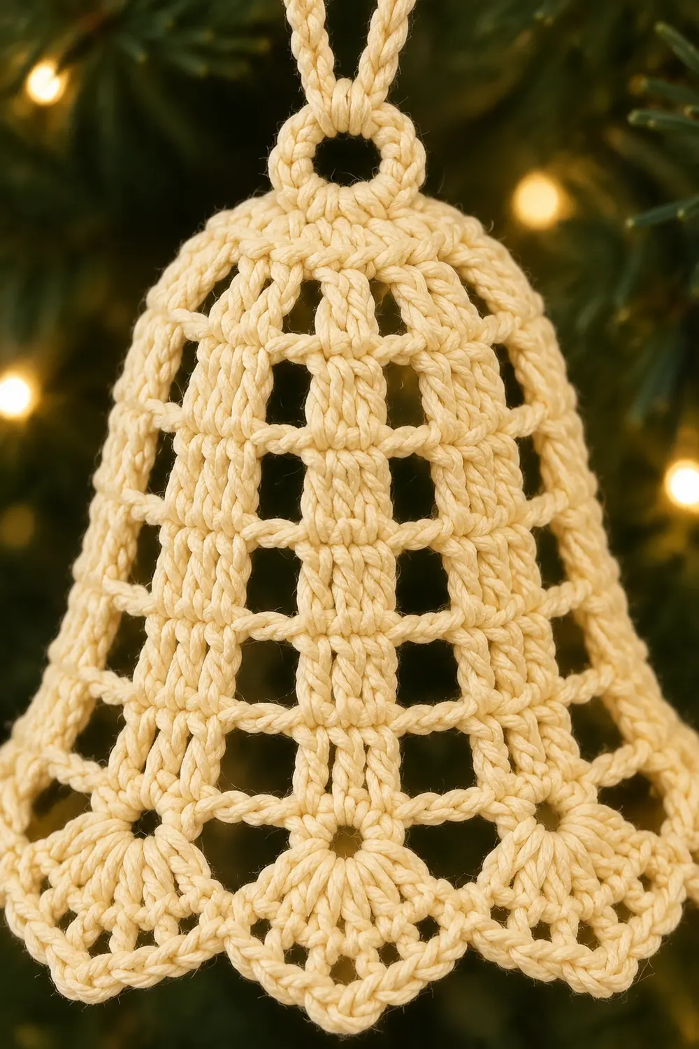 A cream-colored crocheted bell ornament with an open lattice pattern hangs against a blurred evergreen and golden lights background.