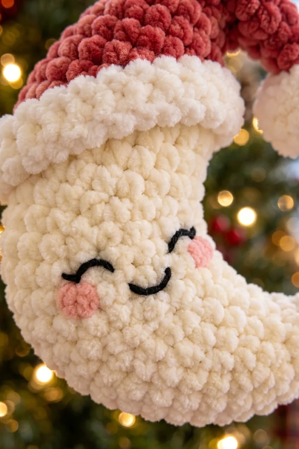 A fluffy crocheted Santa ornament with a cream-colored beard, rosy cheeks, closed eyes, and a red hat displayed against holiday lights.