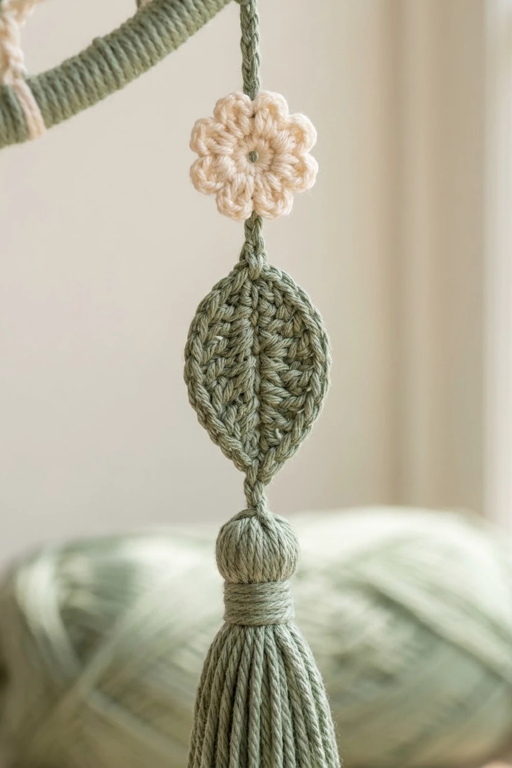 A crocheted leaf ornament in sage green with a cream flower detail and tassel, hanging from a cord.