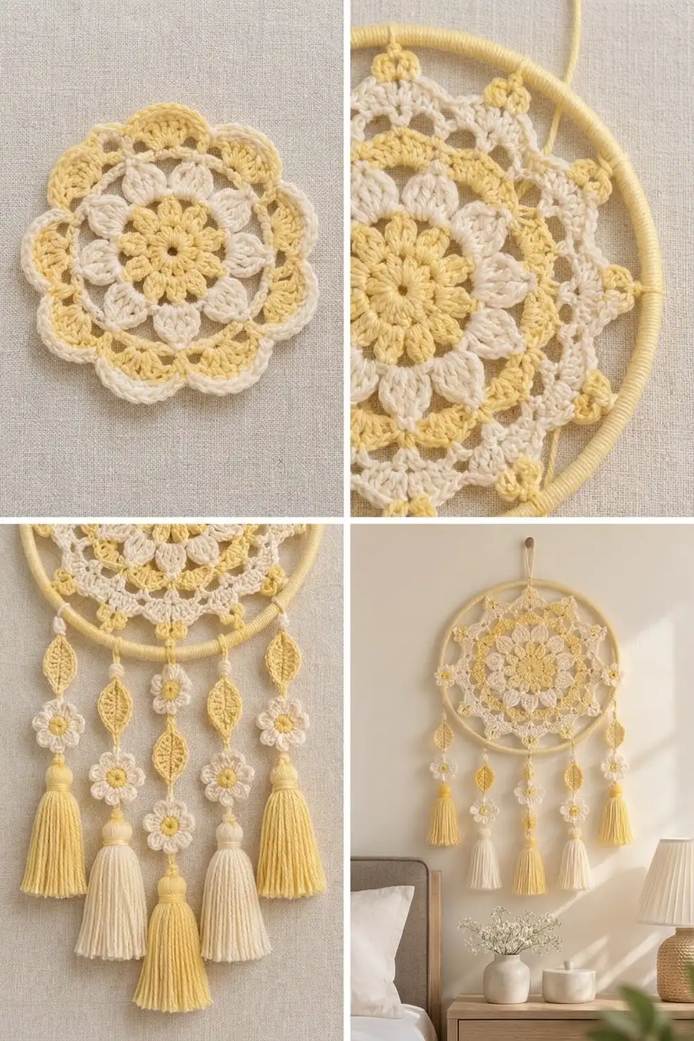Crochet dream catcher with yellow and cream flowers, beads, and tassel details displayed in bedroom decor.