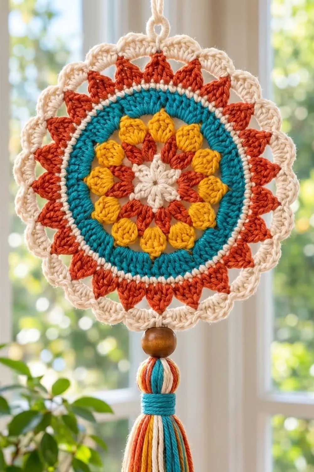 A colorful crocheted mandala ornament with cream, red, teal, and yellow yarn hanging in a sunlit window.