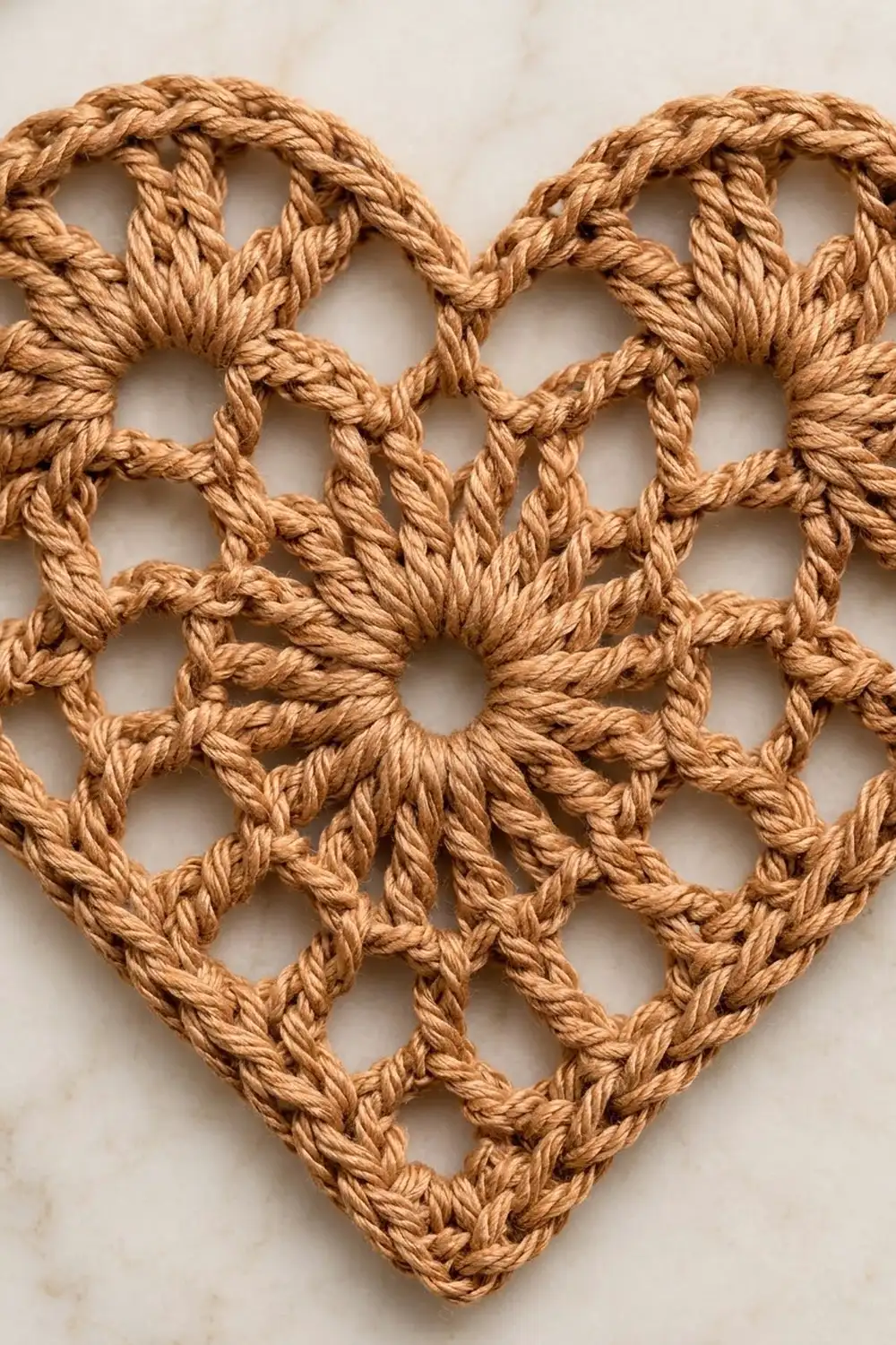 A woven rope heart shape with intricate knotwork displayed on a light marble surface.
