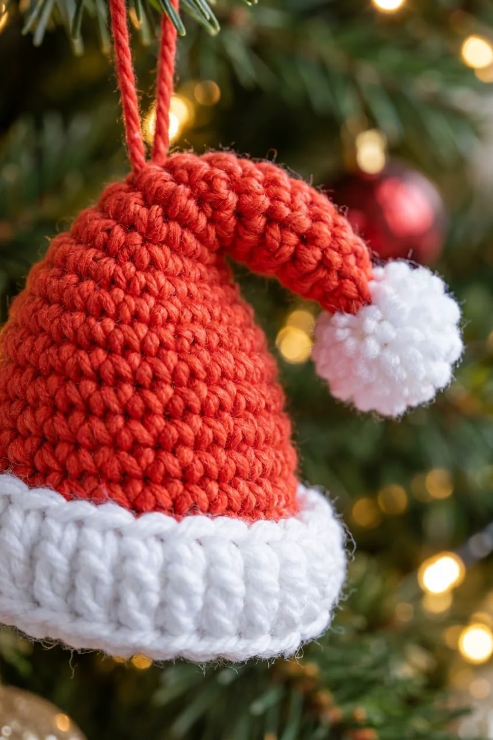 A crocheted red Santa hat ornament with white trim hanging on an evergreen tree branch with blurred lights.