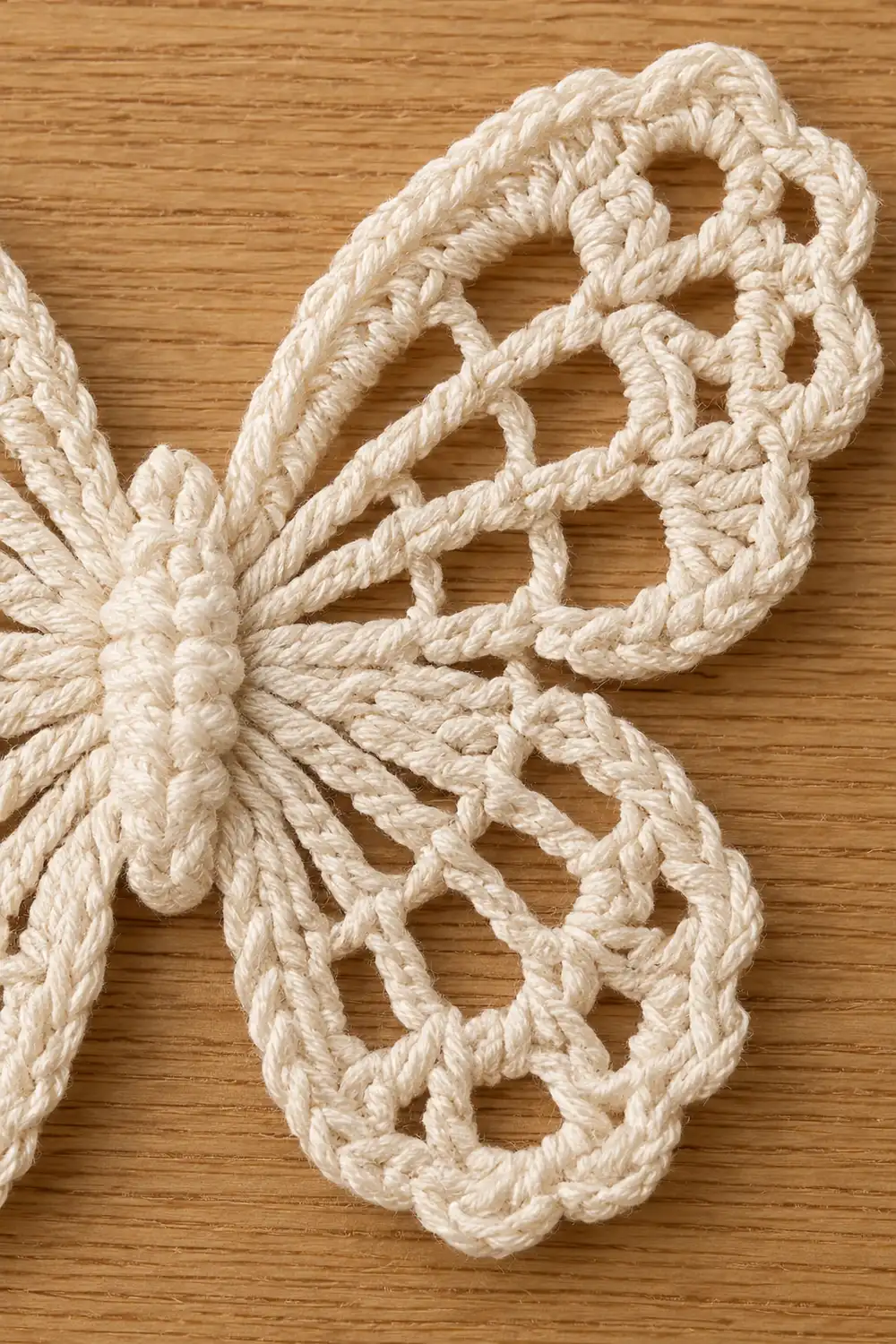Cream-colored twisted rope arranged in an ornate, looped knot pattern on a wooden surface.