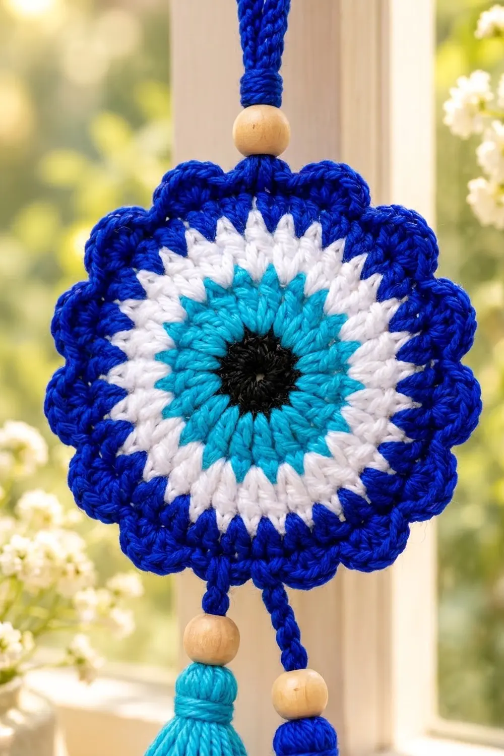A crocheted blue, white, and turquoise eye ornament with wooden beads hanging in a sunny window.