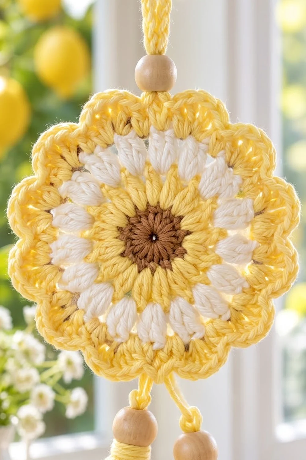 Crocheted yellow and white sunflower ornament with wooden beads hanging in a sunny window with blurred lemons.
