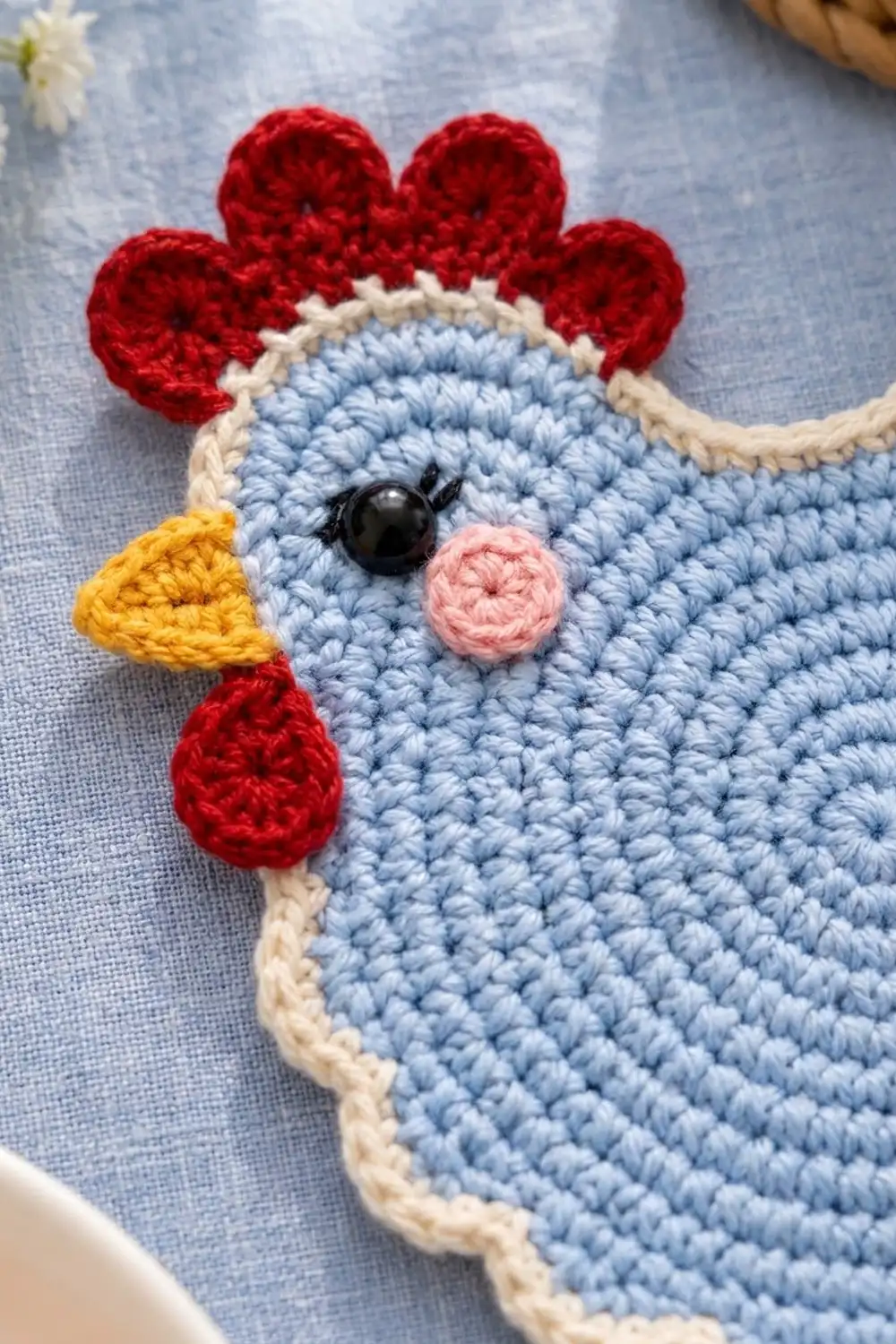 A crocheted blue bird with red flower petals, yellow beak, pink nose, and black eye on fabric background.