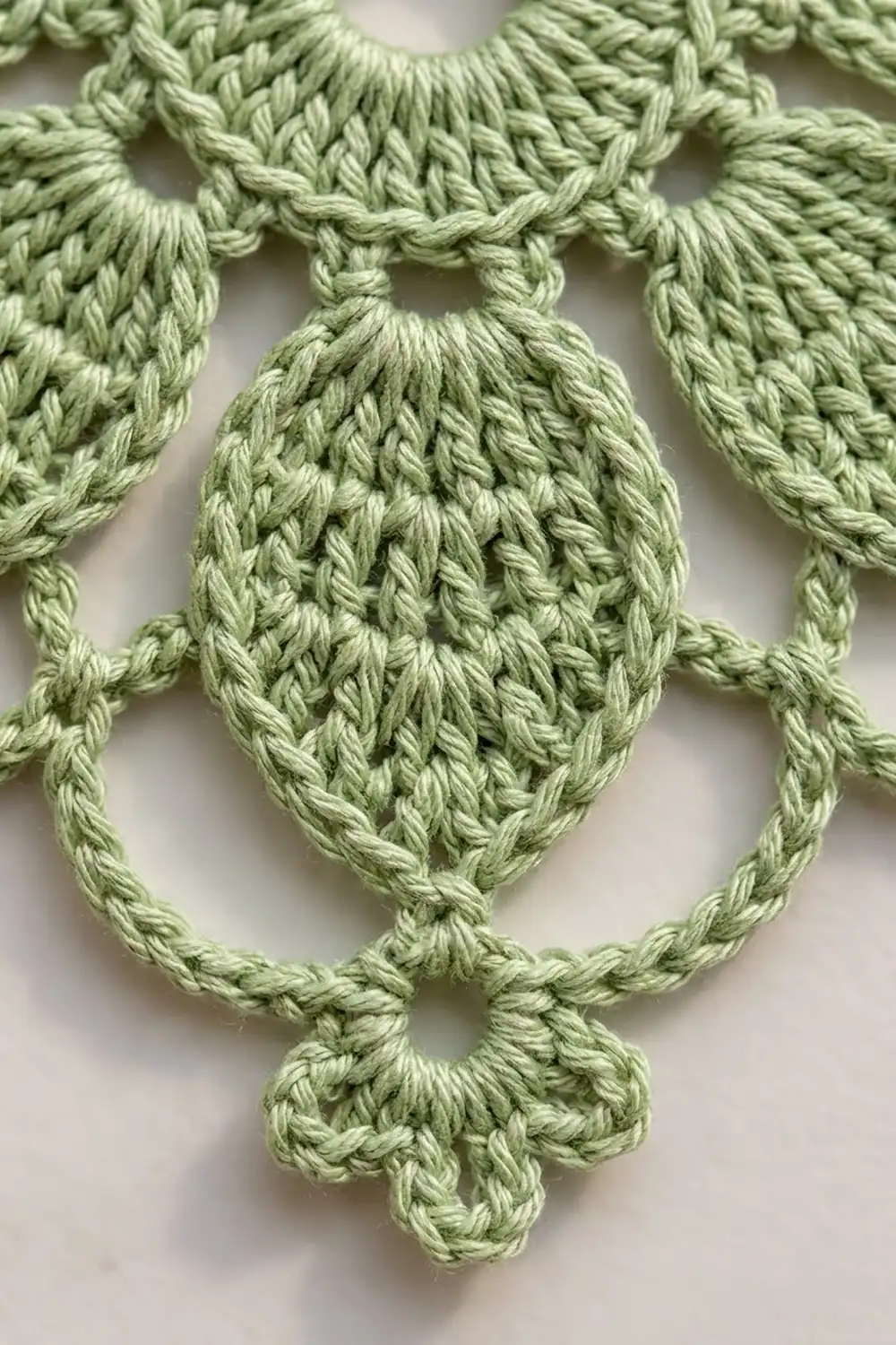 Close-up of sage green crocheted lace trim with an ornamental teardrop and shell motif pattern on white background.