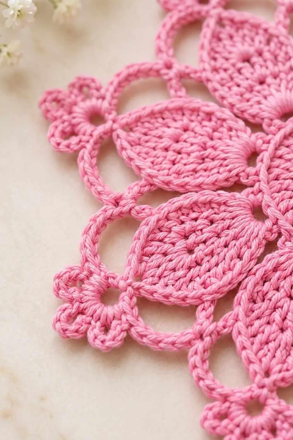 Close-up of delicate pink crocheted lace with intricate loops displayed on a cream-colored background with flowers.