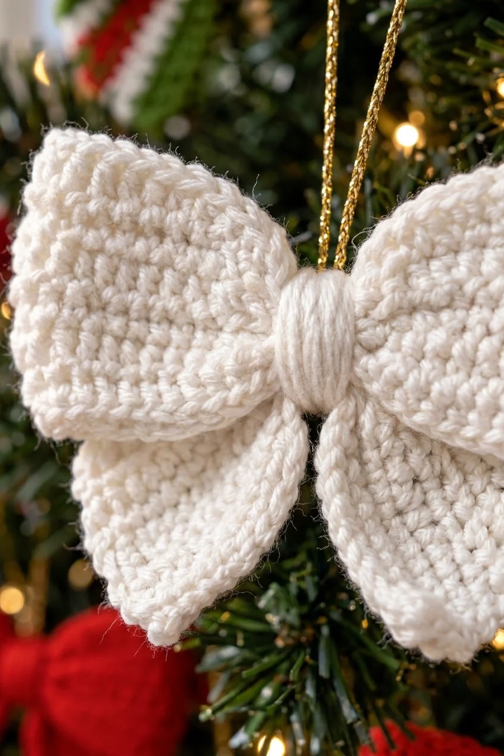 A cream-colored crocheted butterfly ornament with gold string hanging from a decorated Christmas tree.