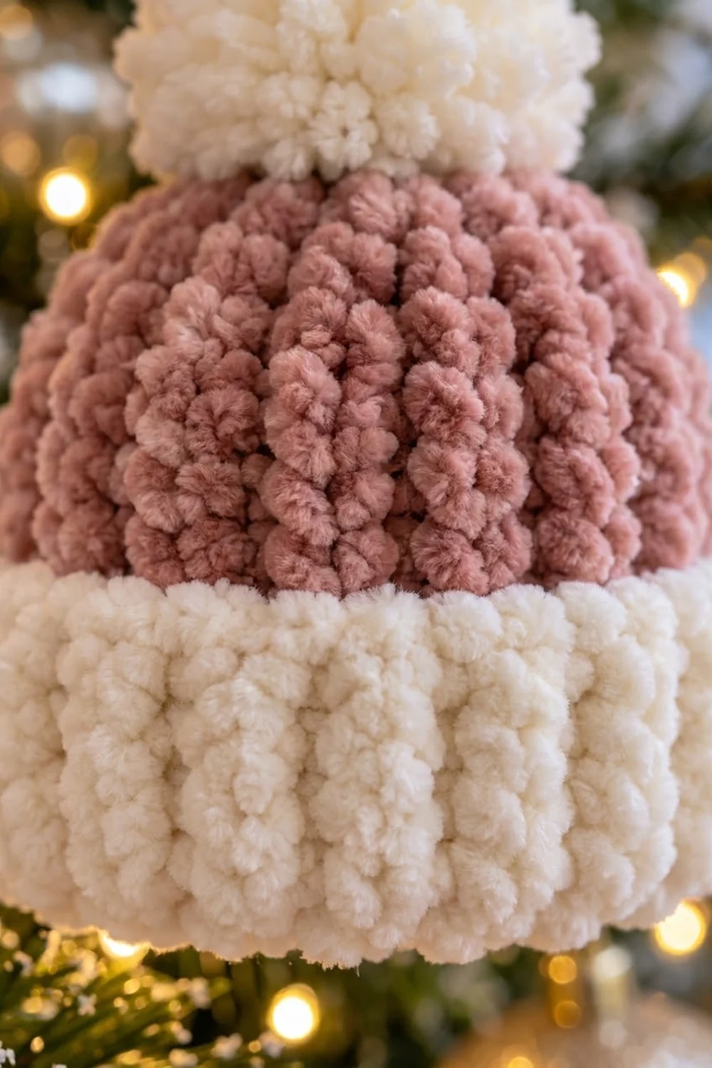A handmade pom-pom ornament with cream, mauve, and white layers displayed among twinkling Christmas lights.