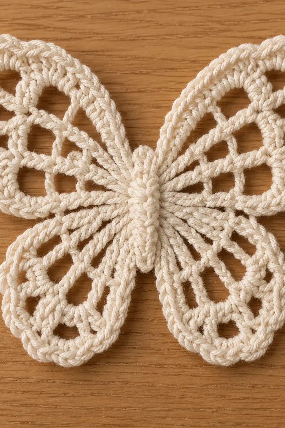 Cream-colored macramé butterfly with intricate knotted details displayed on a wooden surface.