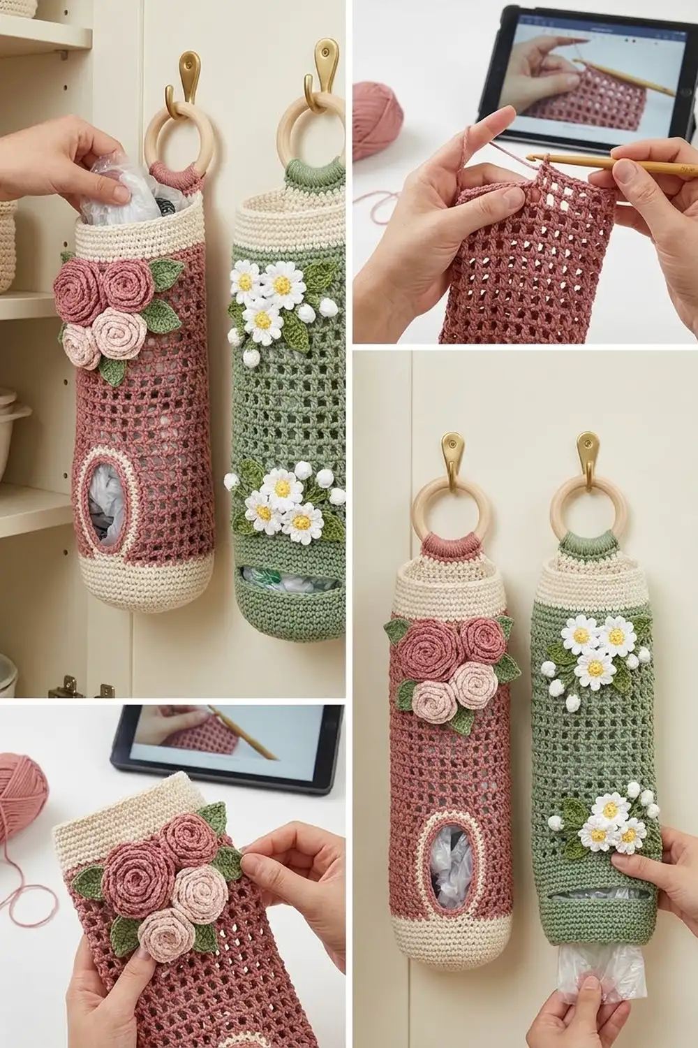 Crocheted tissue holder with rolled flower appliques in pink and cream colors hanging on wooden rings.
