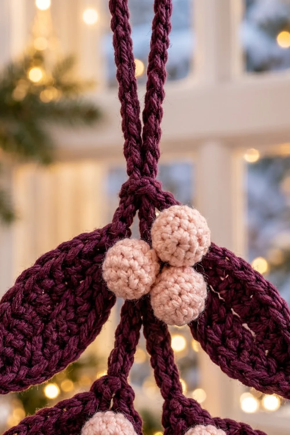 Crocheted mistletoe ornament with burgundy leaves and blush berries hanging in festive holiday setting.