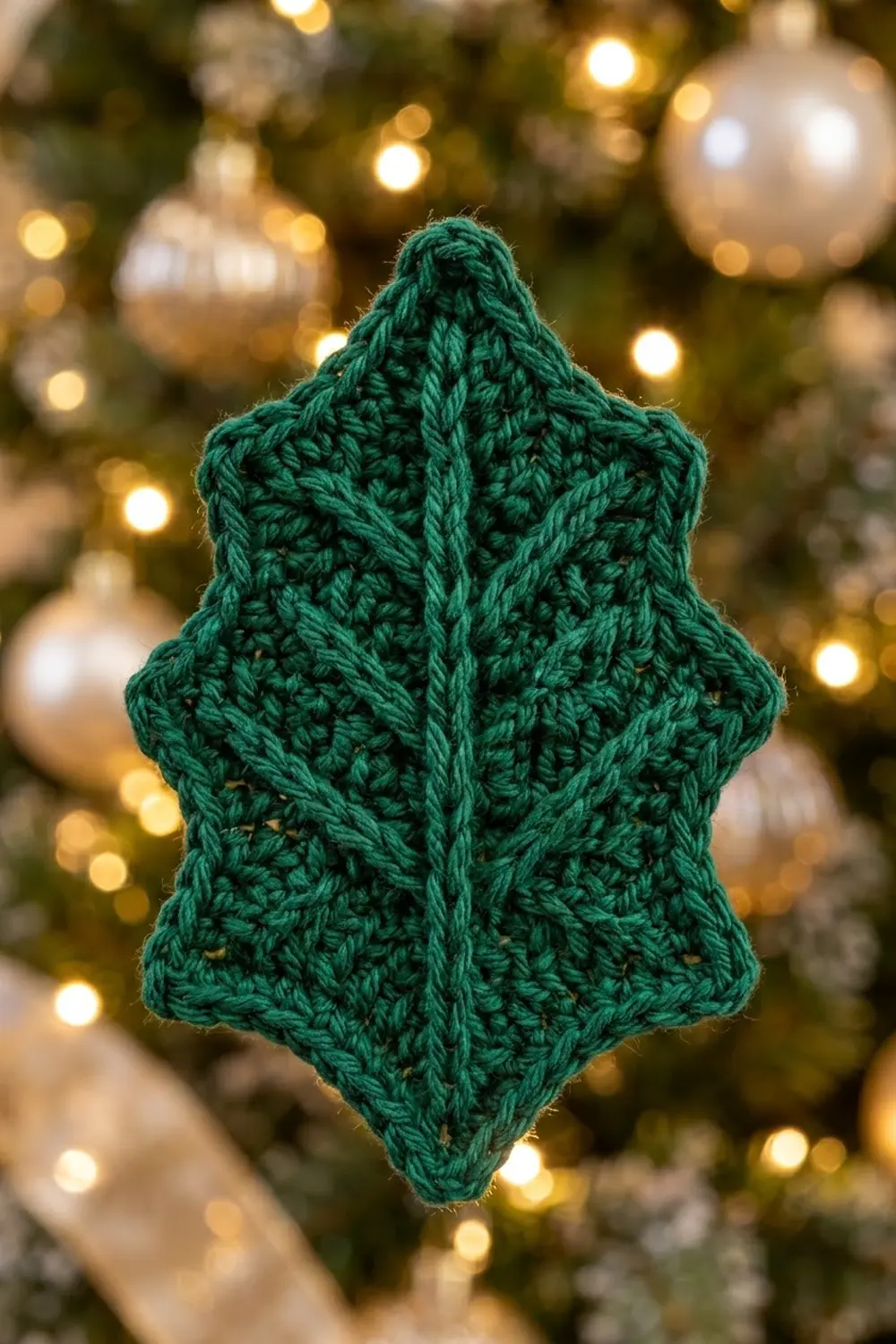 A deep green crocheted tree ornament with intricate cable patterns hangs before a decorated Christmas tree with gold lights and pearl baubles.