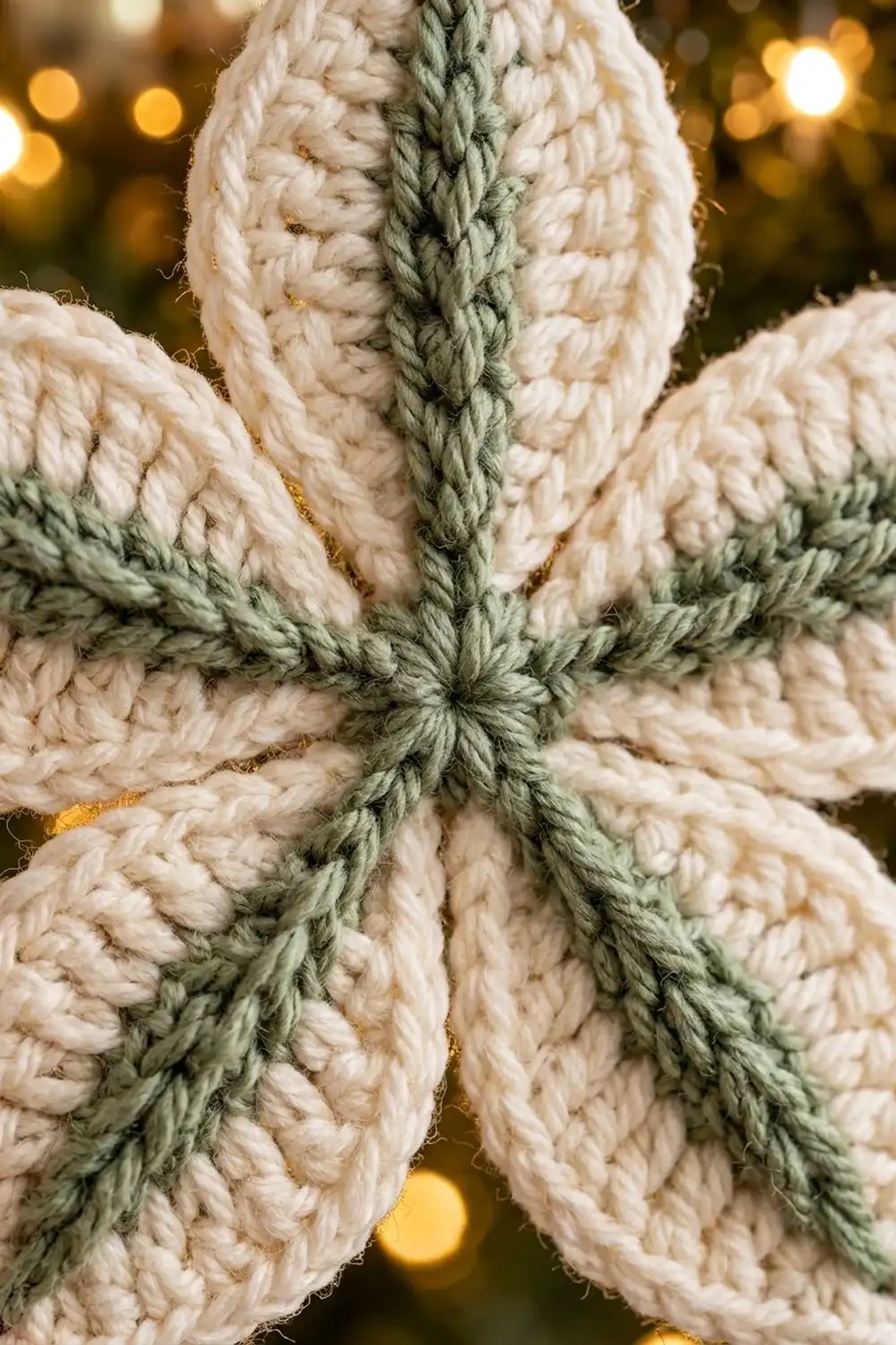 Close-up of a cream and sage green braided rope snowflake ornament with warm bokeh lights in background.