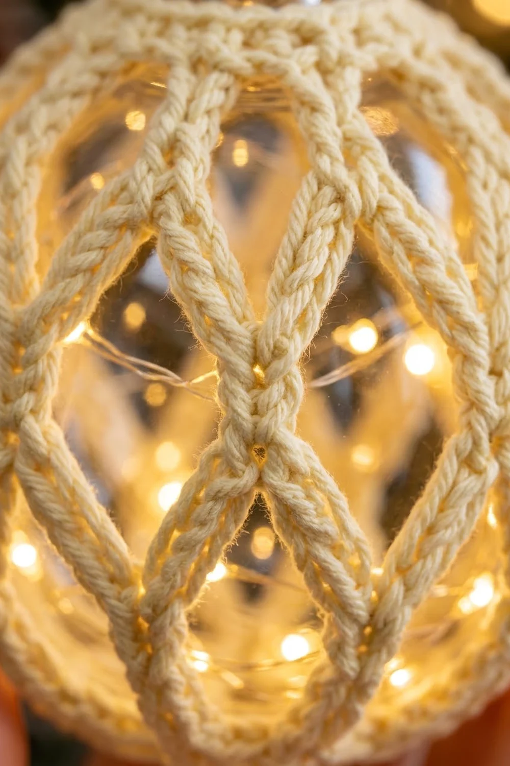Twisted cream-colored rope wrapped around warm golden fairy lights in a close-up detail shot.