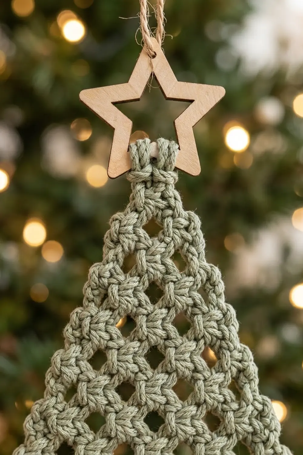 A wooden star ornament tops a cream-colored crocheted Christmas tree hanging against a blurred festive backdrop.