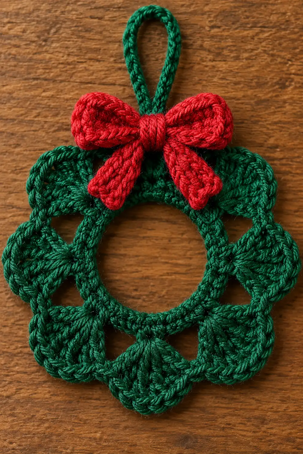 A crocheted green wreath ornament with a red bow hanging on a wooden surface.
