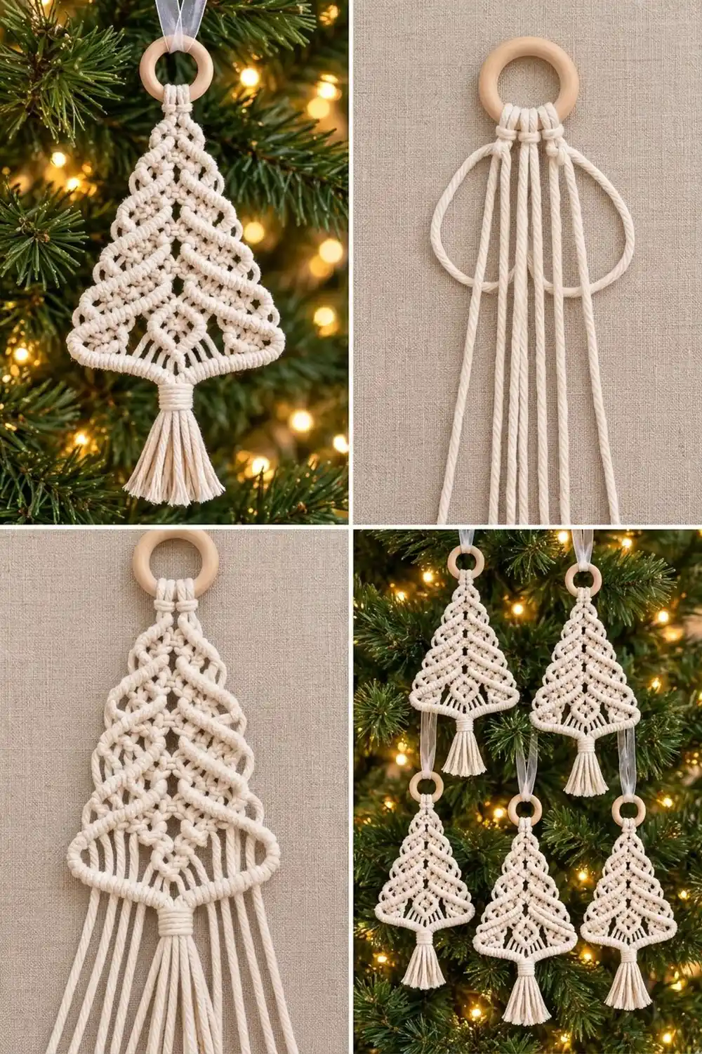 Macramé Christmas tree ornaments with cream cotton cord, wooden rings, and tassels hanging on evergreen branches with warm lights.