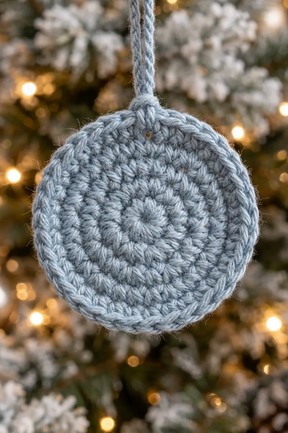 A gray crocheted ball ornament with a rope hanger hangs against a snowy Christmas tree with warm lights.