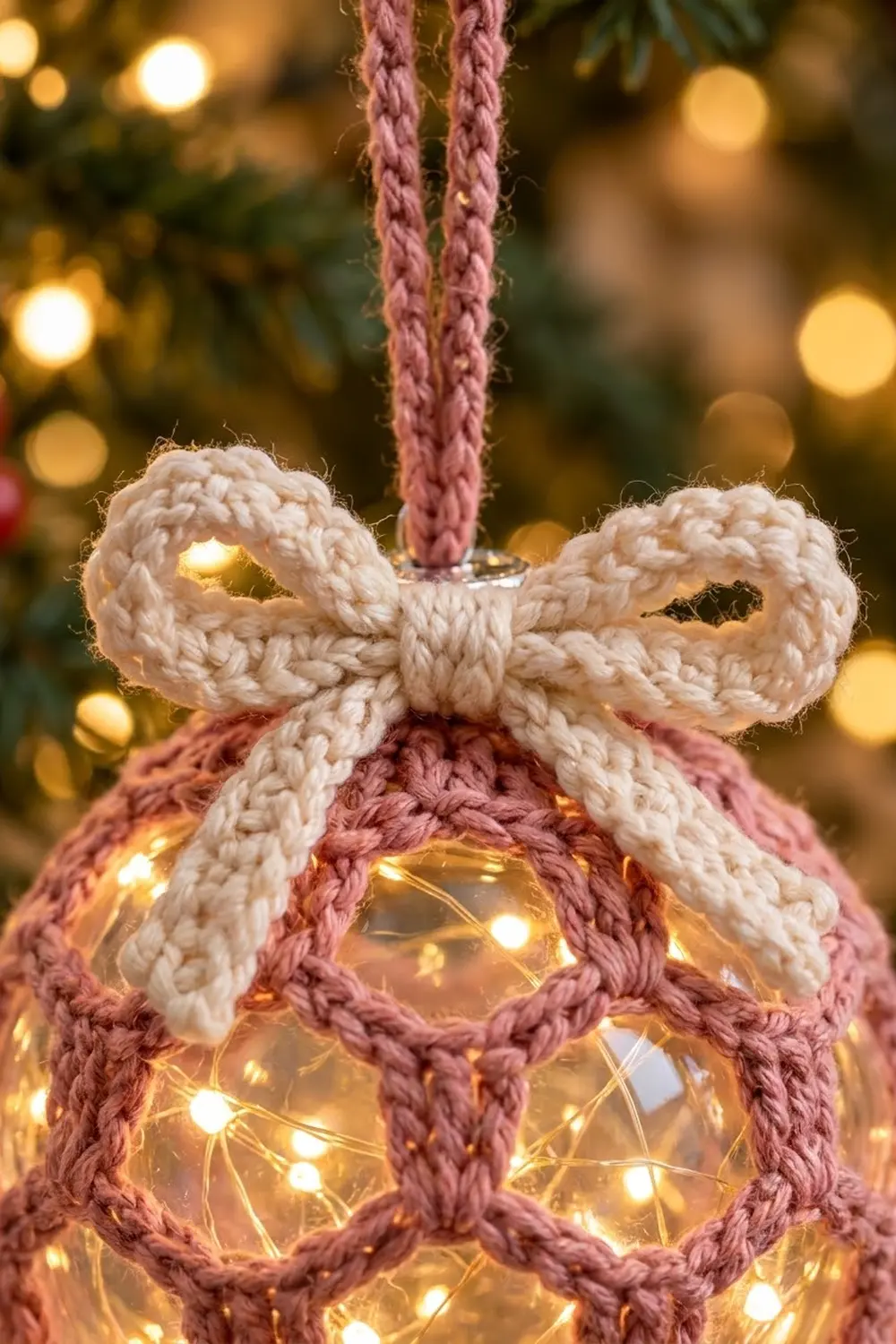 A crocheted ornament with mauve body and cream bow filled with warm string lights hanging from pink cord.