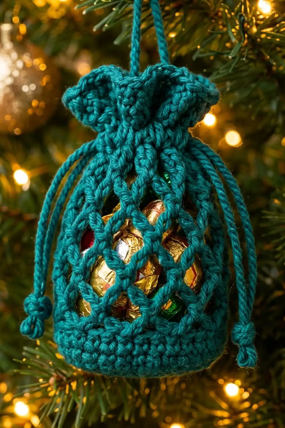 Teal crocheted pouch ornament filled with gold-wrapped candies hanging from evergreen branch with warm lights.
