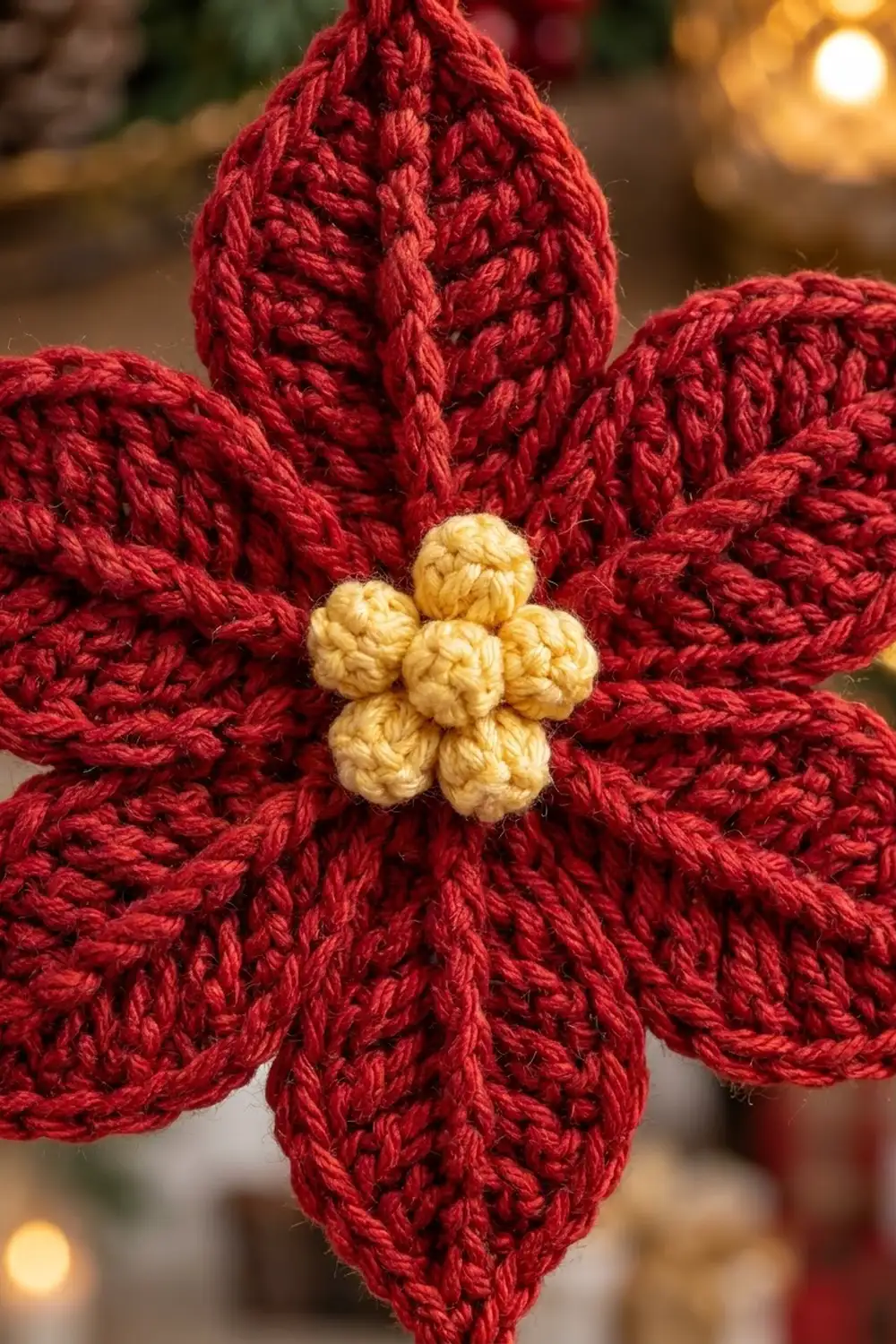 Crocheted red poinsettia ornament with yellow center displayed in festive holiday setting with warm lights.