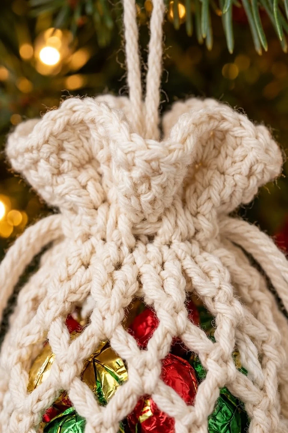A cream-colored crocheted teddy bear ornament with red and gold sequins hangs against a blurred Christmas tree background.