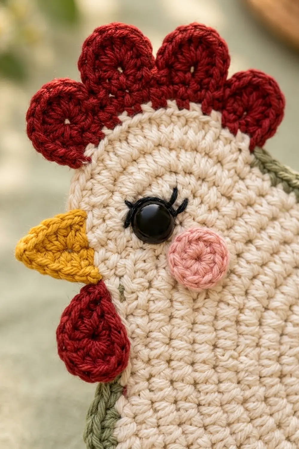 Crocheted amigurumi rooster with cream body, red comb, yellow beak, and pink cheek details against blurred background.