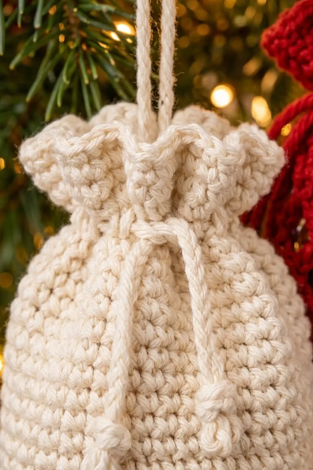 A cream-colored crocheted angel ornament hangs on a Christmas tree surrounded by evergreen branches and warm lights.