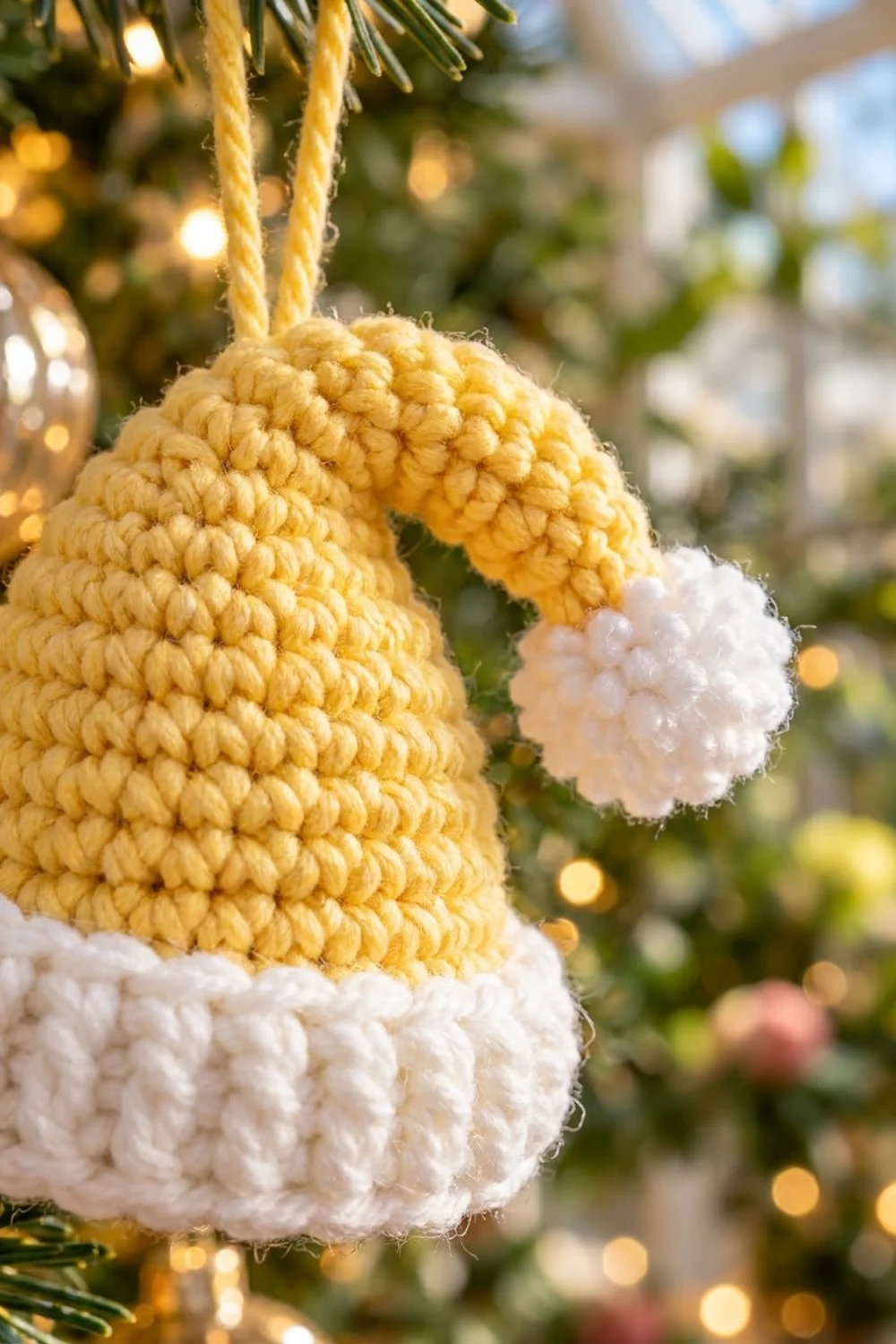 Handmade crocheted yellow and white gnome ornaments hanging from gold twine on a decorated Christmas tree.