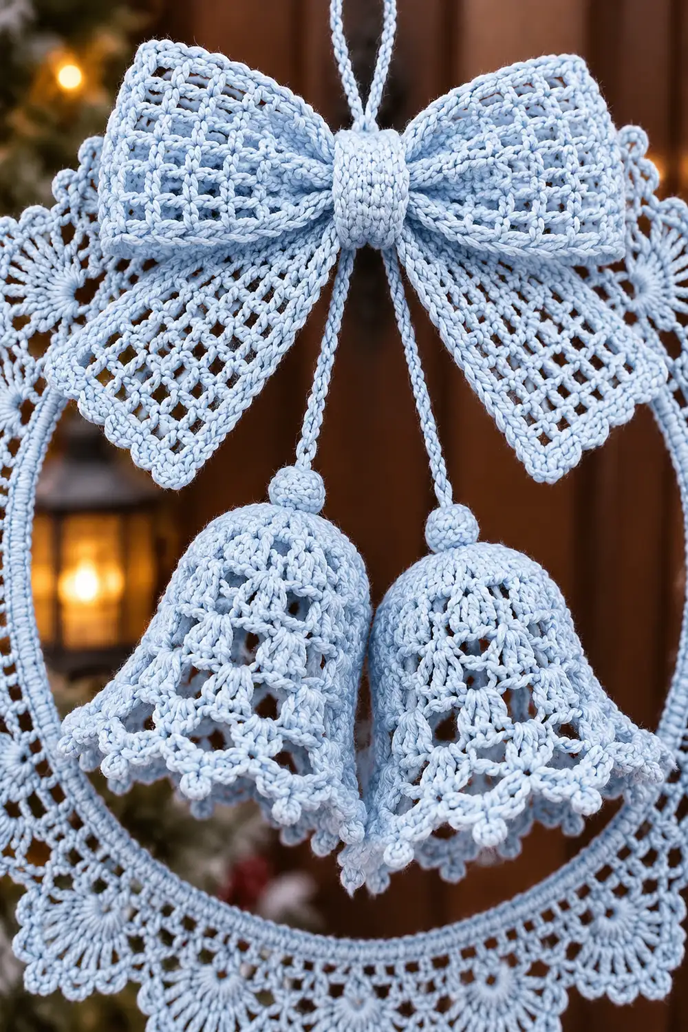 A delicate crocheted ornament featuring two bell-shaped pieces and a bow in pale blue yarn hanging outdoors.
