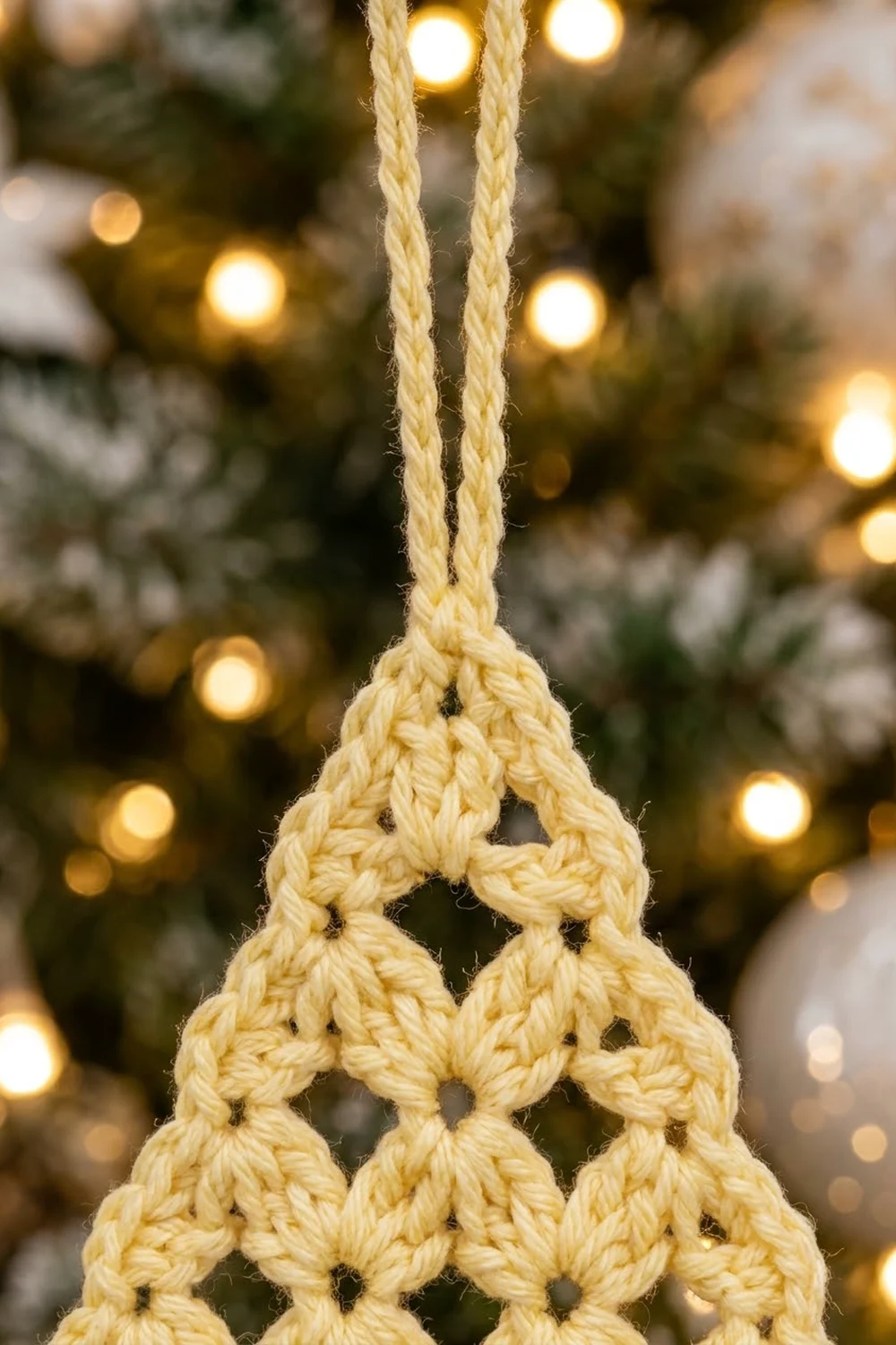 Cream-colored crocheted triangle ornament hanging from twine against blurred holiday lights and evergreen branches.