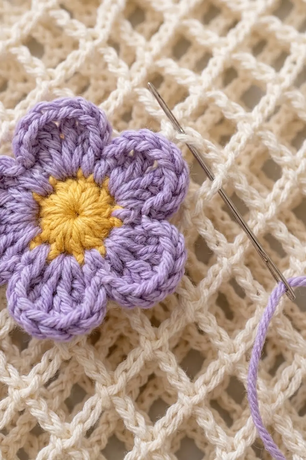 A purple crocheted flower with a yellow center sits on a cream-colored textured crochet fabric.