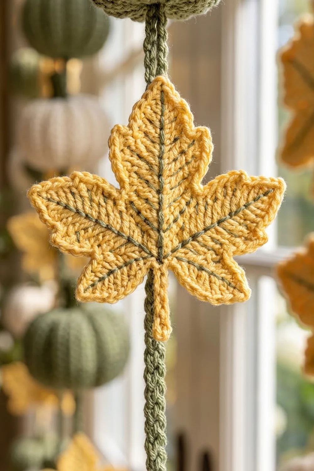 A golden yellow crocheted maple leaf ornament hangs from a sage green twisted cord.