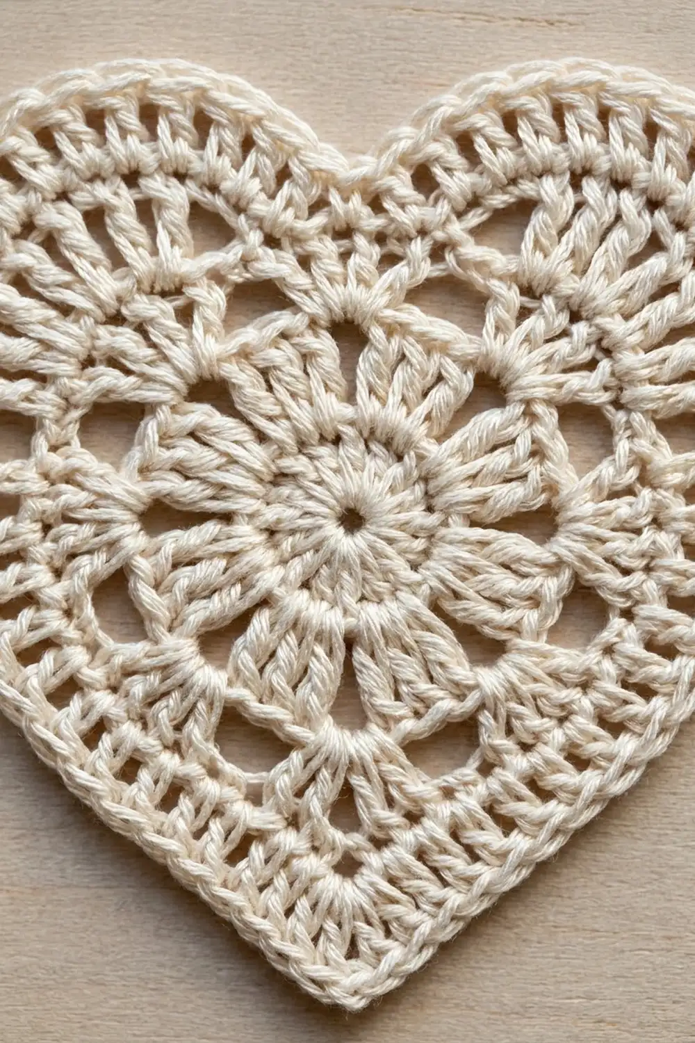 A cream-colored crocheted heart with an open lace pattern displayed on a light wooden surface.