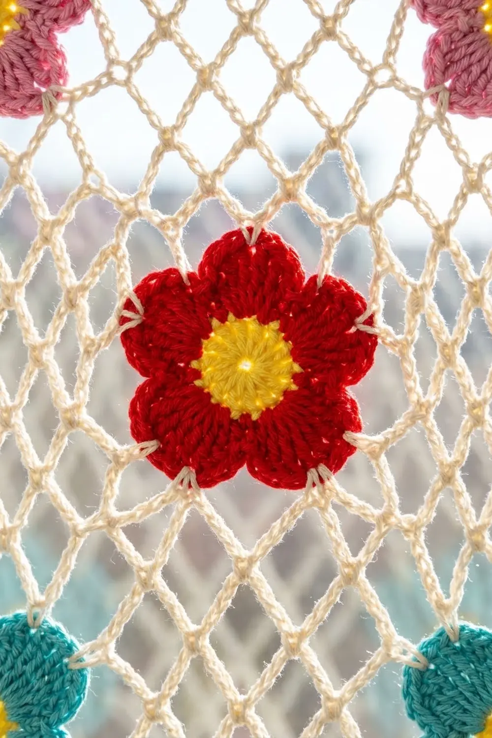 A crocheted red flower with yellow center displayed on a cream macramé wall hanging with pink and teal accents.