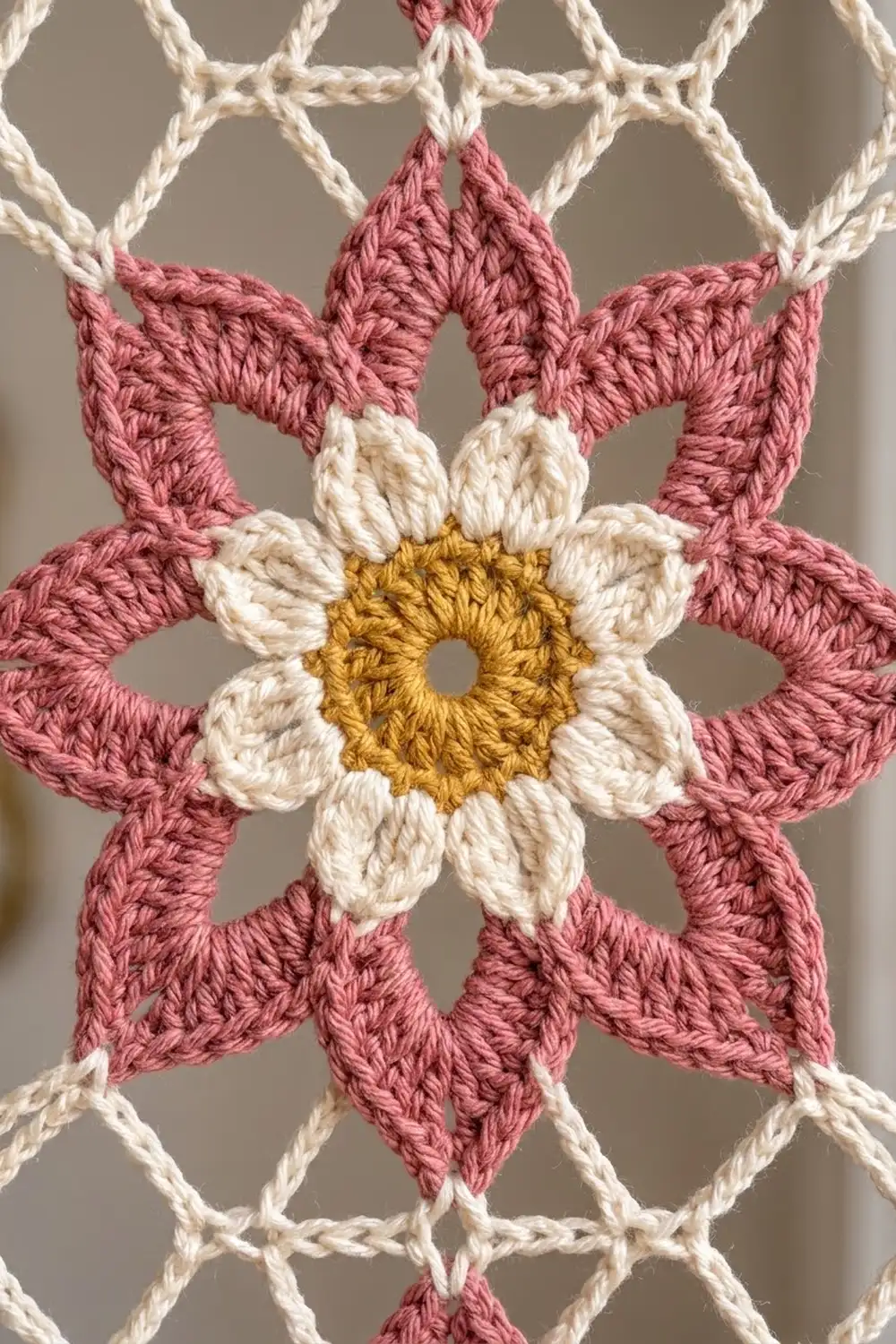 A crocheted flower motif with rose petals, cream petals, and golden yellow center on cream lattice background.