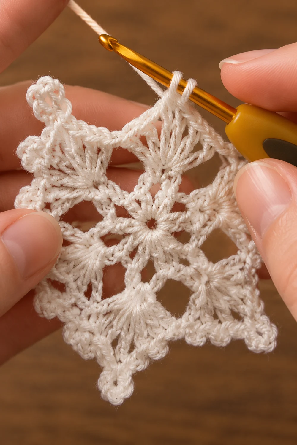Close-up of delicate cream-colored lace being crocheted with a golden hook held in hands.
