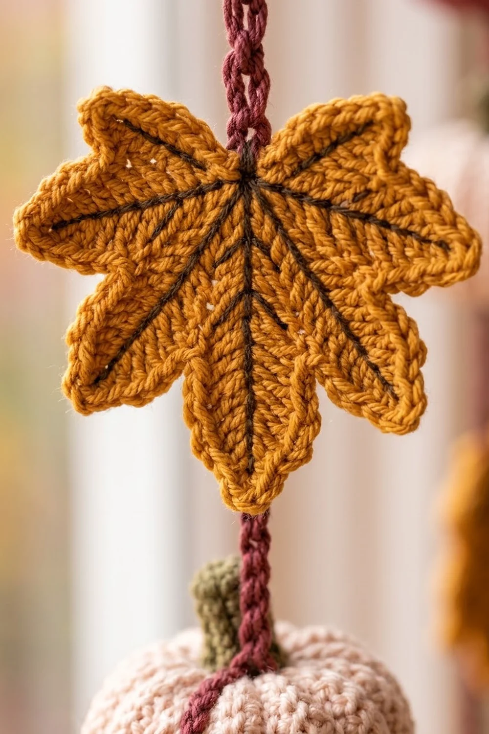 A golden yellow crocheted maple leaf ornament hanging from a burgundy cord with a cream-colored base.