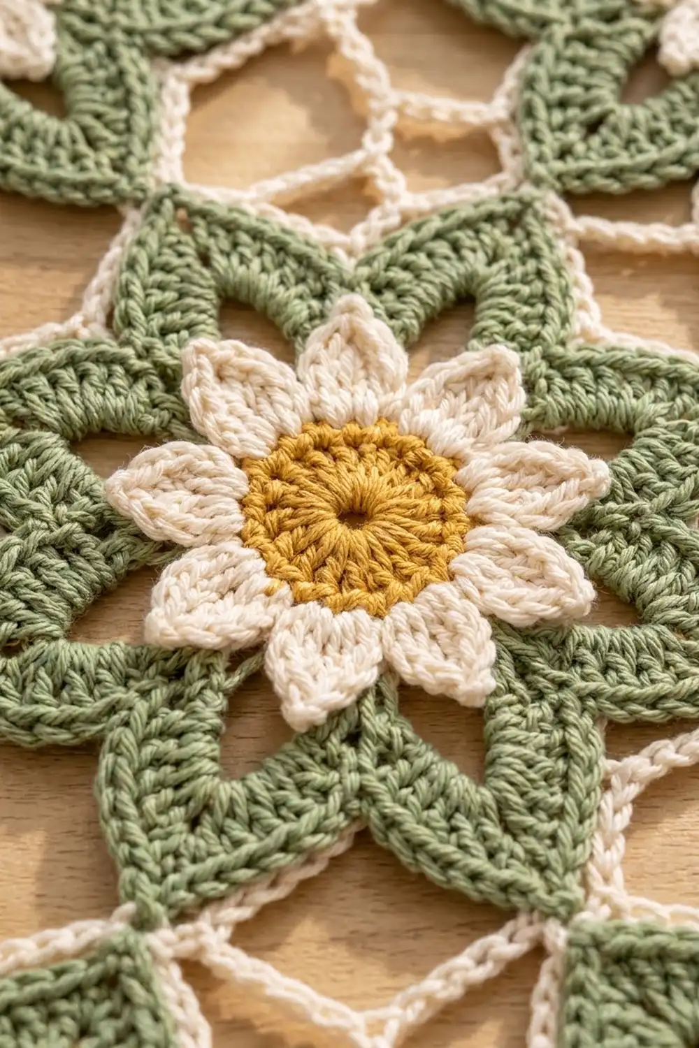 Close-up of a crocheted daisy motif with cream petals, golden yellow center, and sage green leaves on wooden surface.