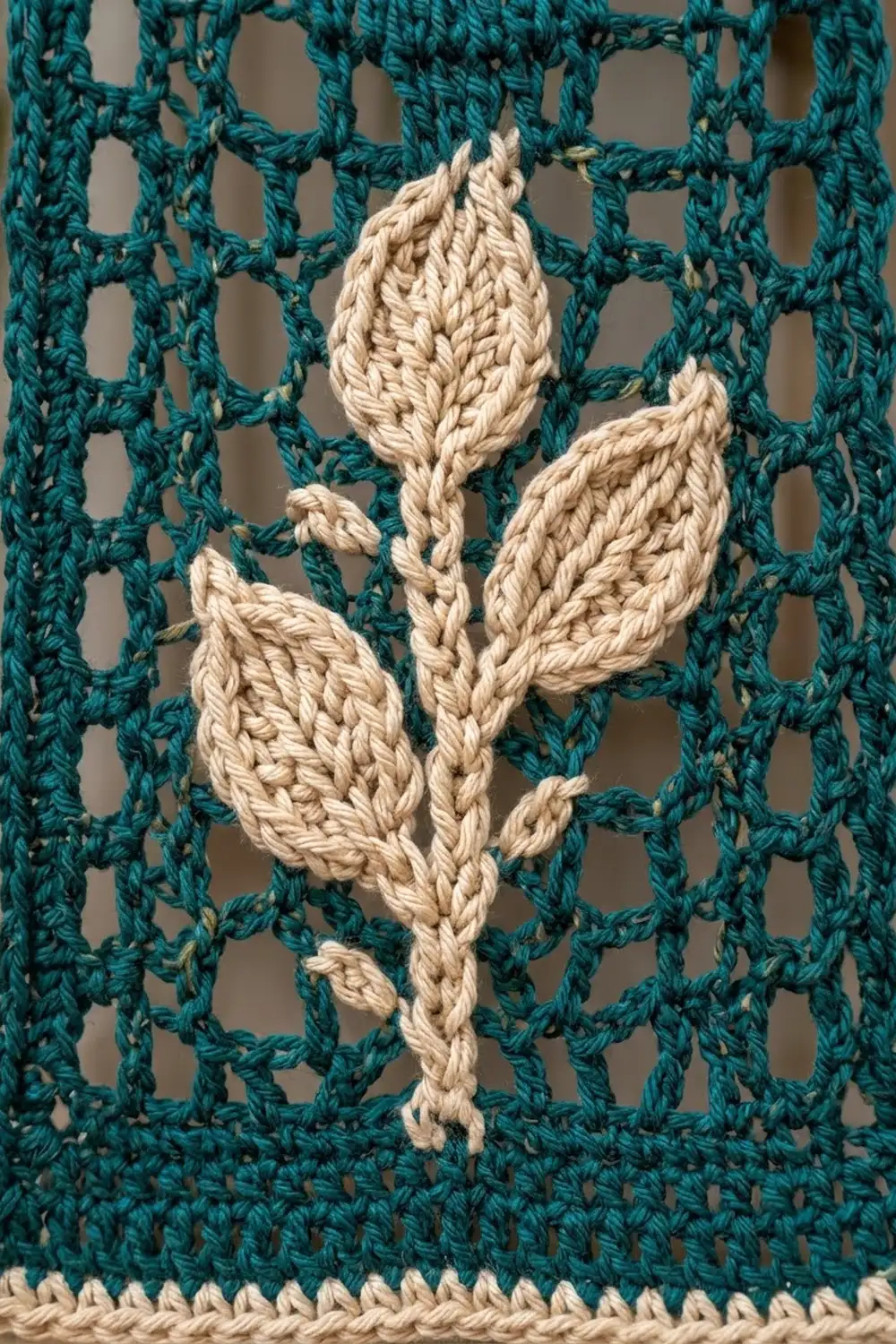 Cream-colored braided rope plant with leaves appliqué on teal crocheted openwork fabric background.